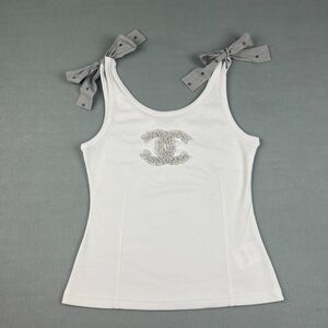 Chanel 24P Bow Trim Knit White Tank Top Crystal & Pearl CC Logo *Spot Women's 38